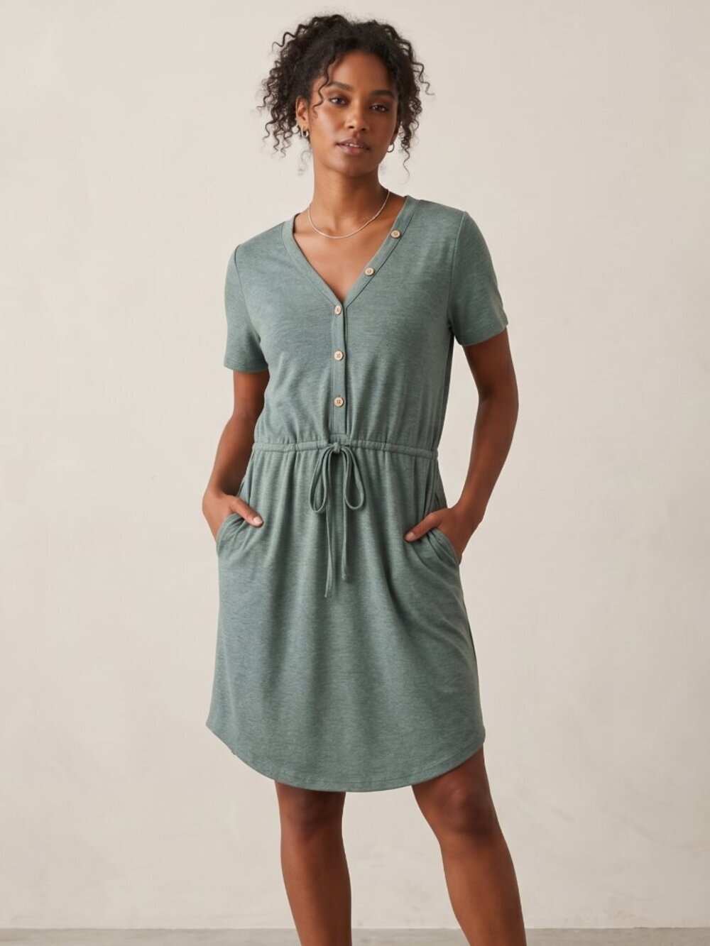 NWT | Sage Green Button-Detailed T-Shirt Dress | Drawstring Waist | Small